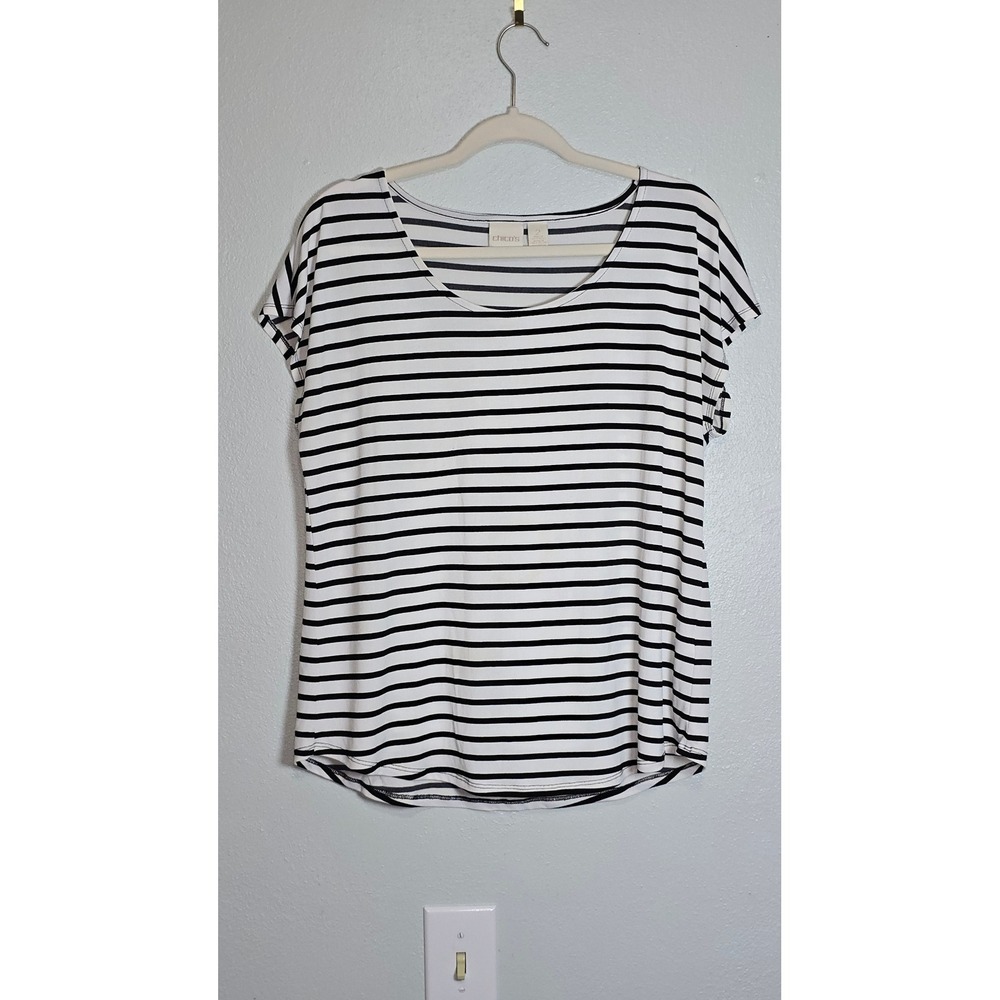 Chico's Striped Scoop Neck Top Size 2 Black White Short Sleeve Stretch Blouse